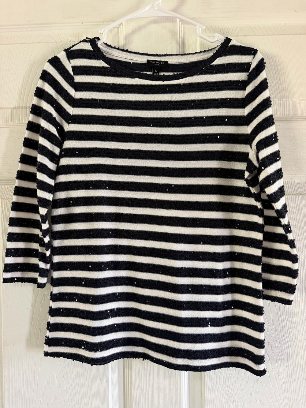 Talbots Navy Blue Sequin & White Striped Knit Boatneck Top